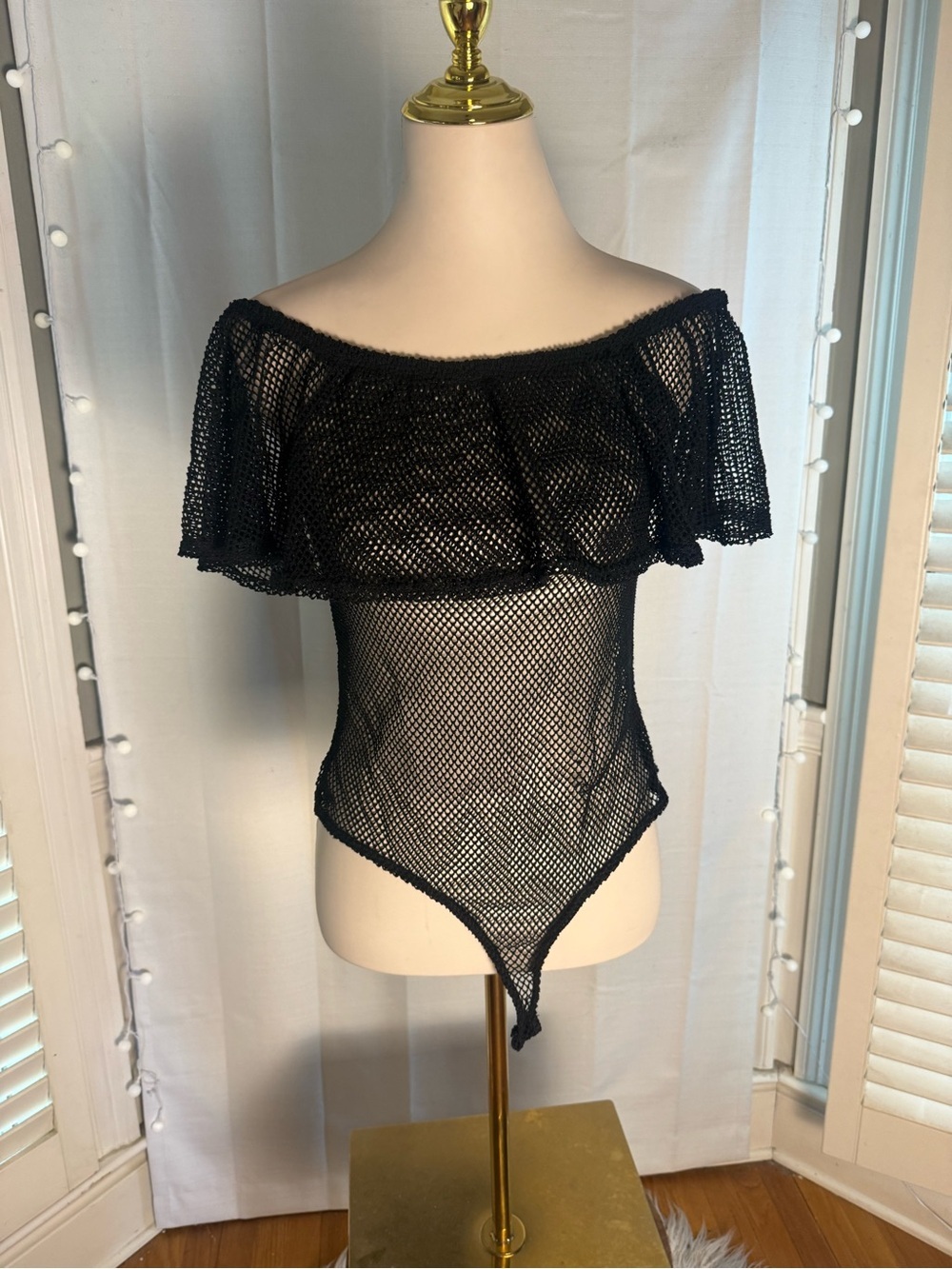 Love J Black Fishnet Mesh Off Shoulder Ruffle Bodysuit Medium Y2K Goth